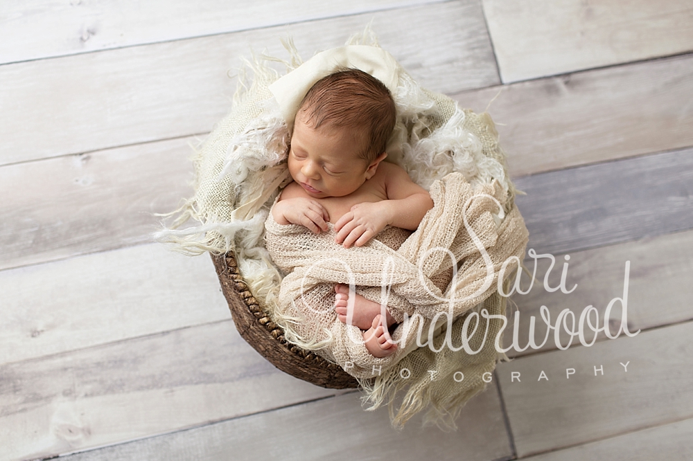 newborn baby boy snug in a basket