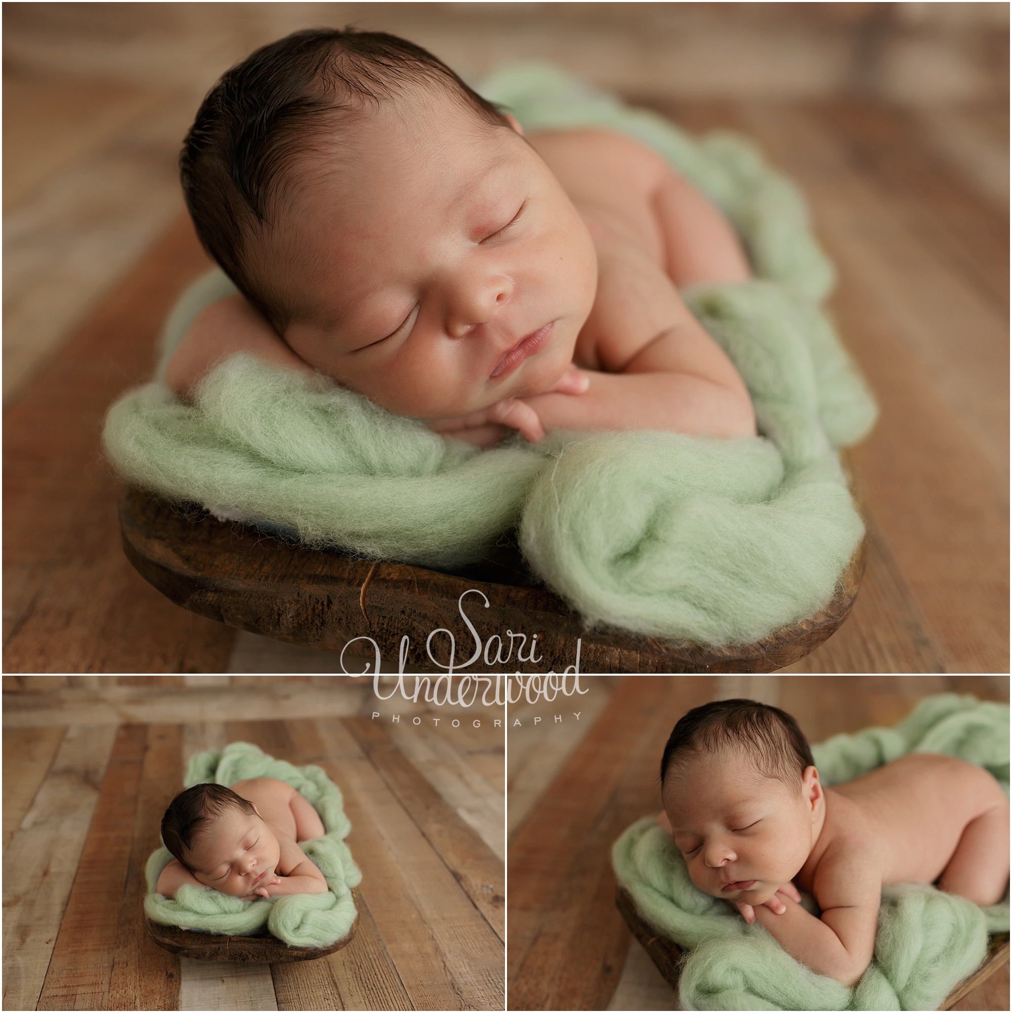 9 day old baby boy posed in a wooden bowl