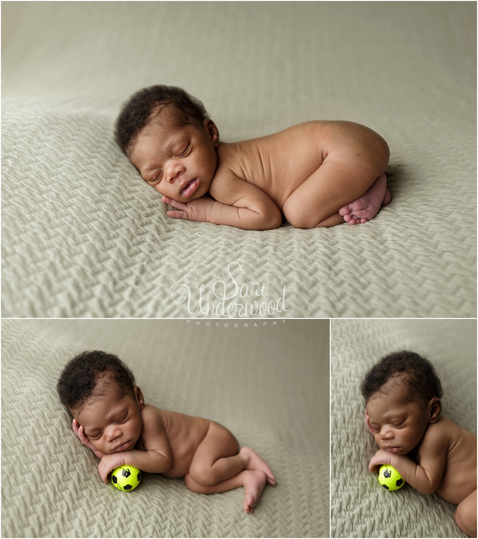 african american newborn baby boy posing with a soccer ball
