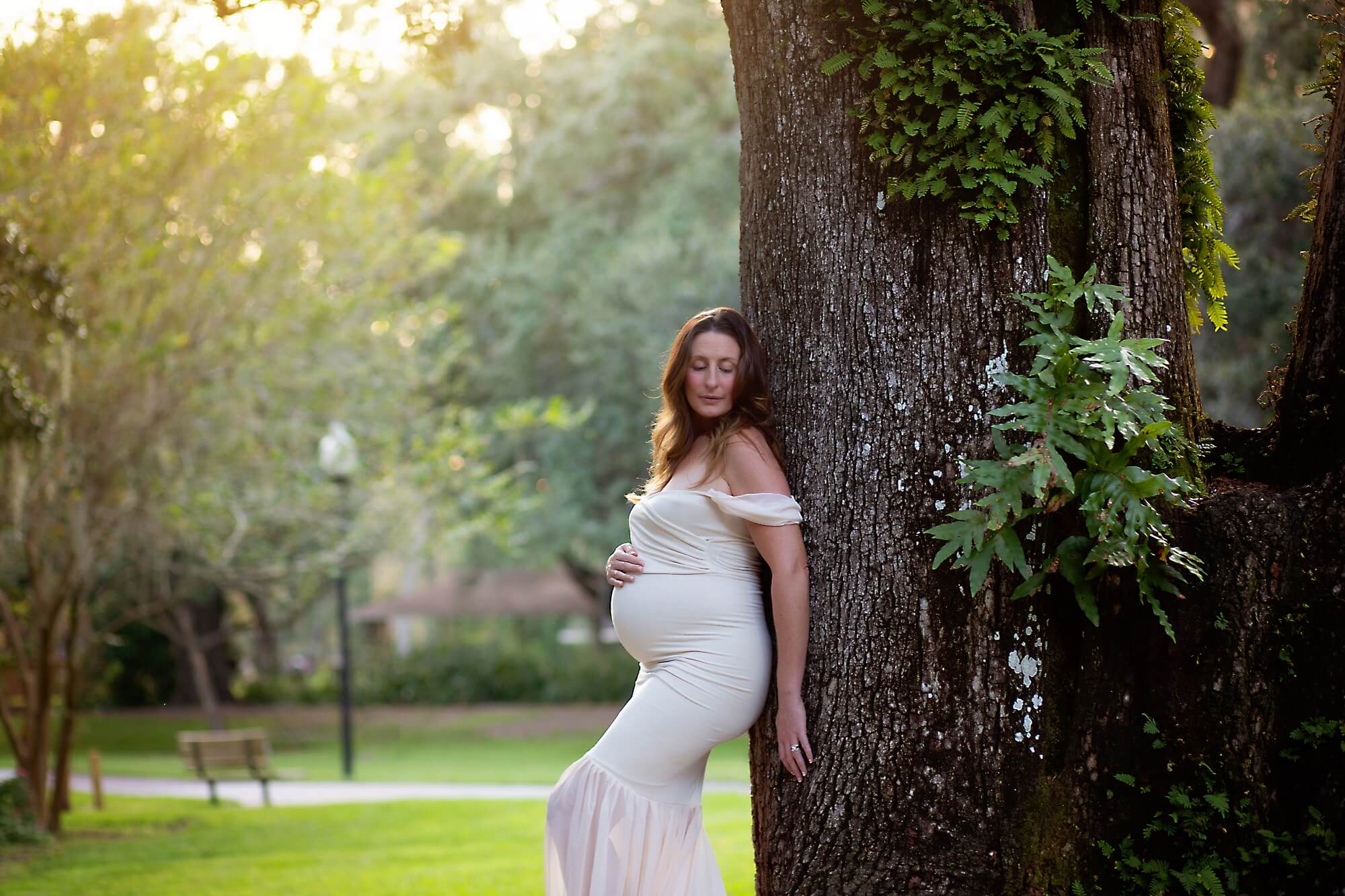 pregnant mom leaning against a tree in a park