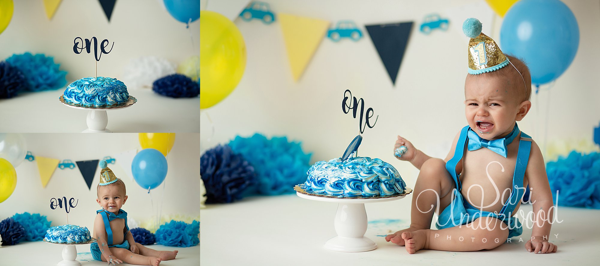 baby boy digging into birthday cake